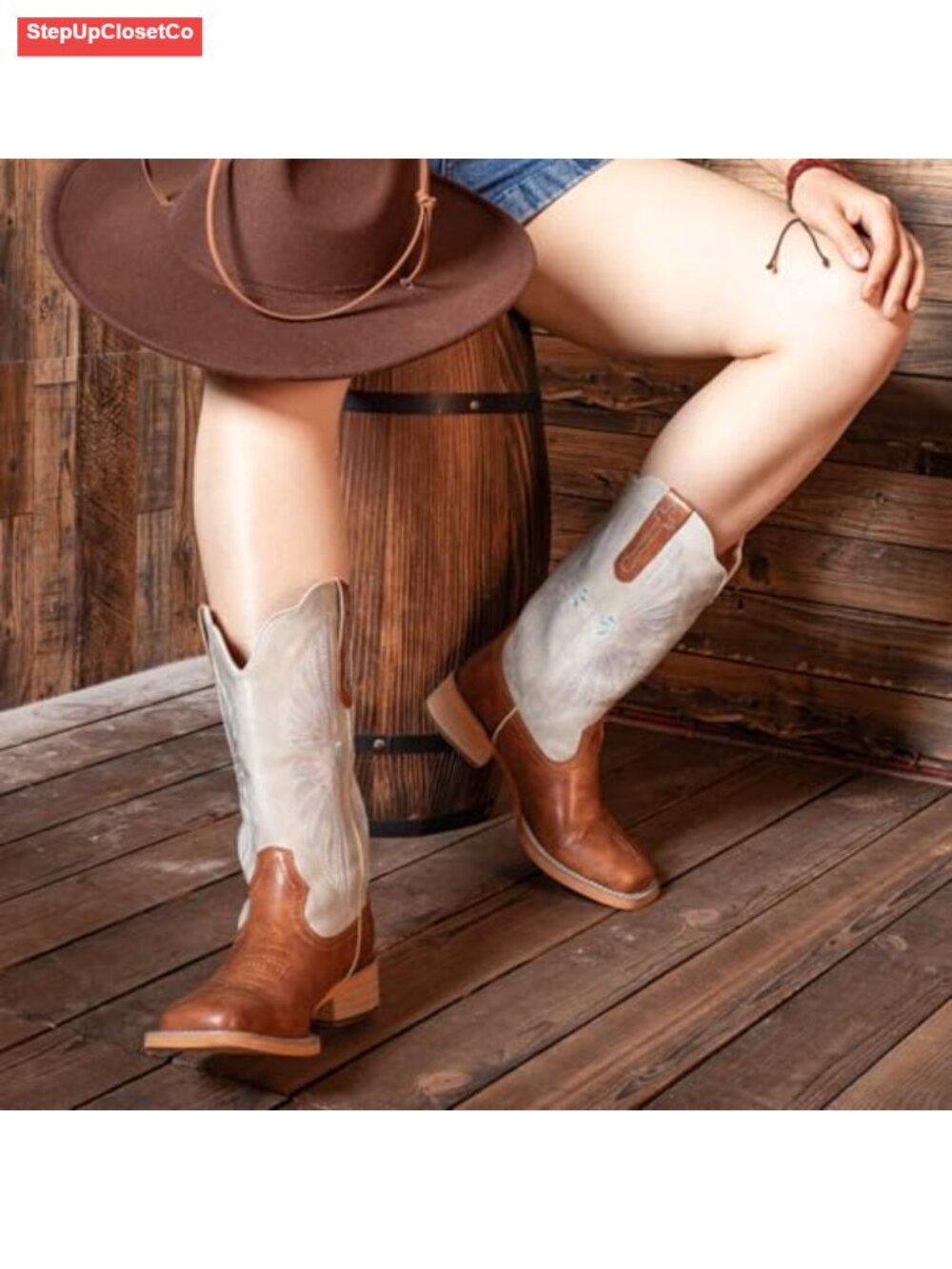 Faux Leather Square Toe Cowgirl Boots Mid Calf Embroidered Pull-On - Picture 2 of 6
